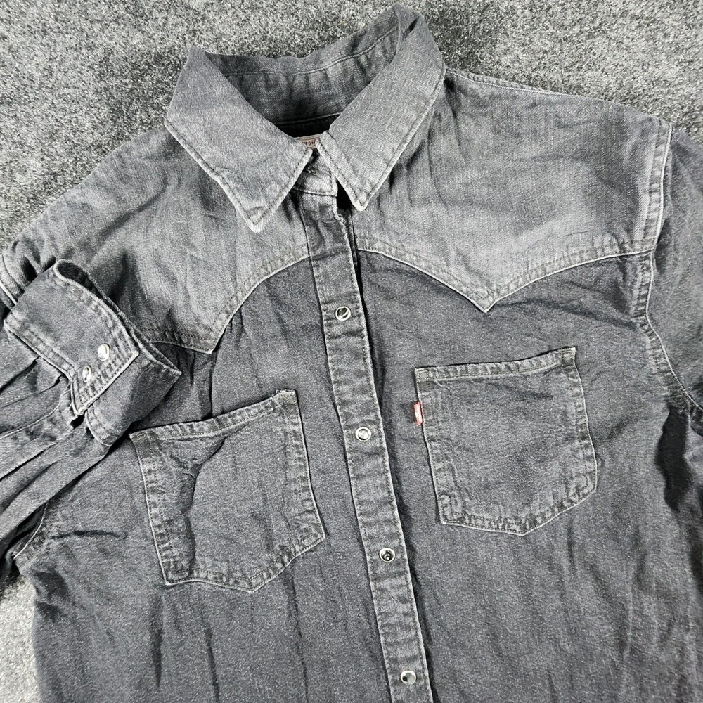 Levi's Western Shirt Mens Small Black Denim‎ Pearl Snap Two Tone Faded Cowboy